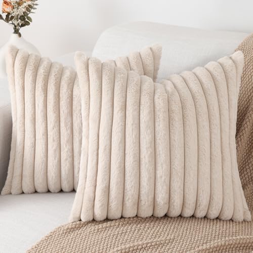Pallene Faux Fur Decorative Throw Pillow Covers 20x20 Set of 2, Apricot | Luxury Plush Texture, Striped Design, Cozy Soft Touch, Modern Home Accent Decor for Couch, Sofa, Bed, Living Room - color: Apricot, size: 20" x 20" (Pack of 2)