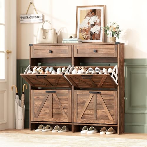 Halitaa Shoe Cabinet with 4 Flip Drawers & 2 Drawers,Farmhouse Shoe Storage Cabinet for Entryway,Slim Freestanding Organizer Rack for Front Door Entrance,Dark Walnut - color: Dark Walnut, style: 4-Drawers