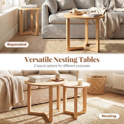 GIANTEX Round Nesting Coffee Table Set of 2, Wood End Tables, Natural | Thickened Top & Solid Rubber Wood Legs, Farmhouse Sofa Side Table for Small Spaces Living Room Bedroom - color: Natural