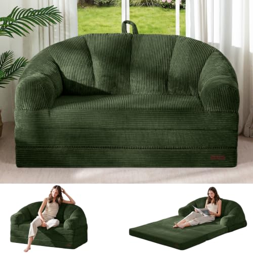 MAXYOYO Folding Sofa Bed with Backrest, Boneless Fold Out Couch with Handle | 2 in 1 Convertible Bean Bag Chair to Floor Sofa Lounger, Comfy Folding Couch for Bedroom & Living Room, Dark Green, Loveseat - color: Dark Green, size: Loveseat
