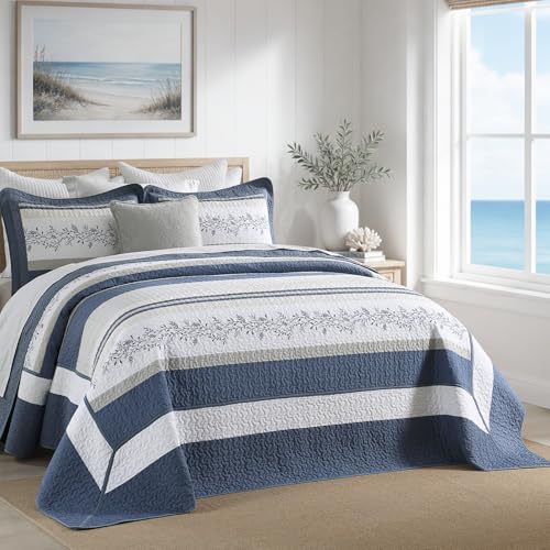 Quilta Oversized King Bedspreads 120x120 - Farmhouse Vine Striped Design California King Quilt Set, Elegant and Textured Coverlet, 3-Piece Lightweight Comforter Bedding Set, Cal King, Navy/White - color: Navy/Light Gray/White, size: King(120"x120")