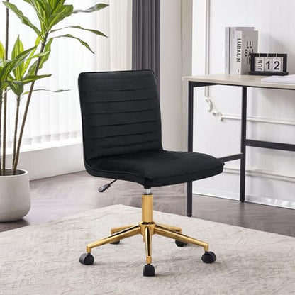 Furnimart Black Swivel Armless Desk Chair with Wheels, Small Velvet Upholstered Home Office Chair Mid-Back Adjustable Chair for Bedroom Dorm Living Room (Velvet-Black) - color: Velvet-black