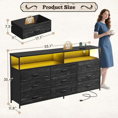 55" W Dresser for Bedroom with 9 Drawers LED, Power Outlets Fits 65" TV | TV Stand for 45, 55, 65 Inch TV Sturdy Long Chest of Drawers with Extra 2 Wooden Shelves Steel Frame Grain Black - color: Grain Black