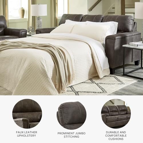 Signature Design by Ashley Navi Faux Leather Queen Sleeper Sofa Bed, Gray | Warm-feel weathered polyester blend, Space-saving pull-out design for multi-use rooms, Supportive attached cushion back - color: Grey, style: Sleeper