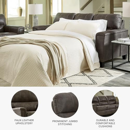 Signature Design by Ashley Navi Faux Leather Queen Sleeper Sofa Bed, Gray | Warm-feel weathered polyester blend, Space-saving pull-out design for multi-use rooms, Supportive attached cushion back - color: Grey, style: Sleeper