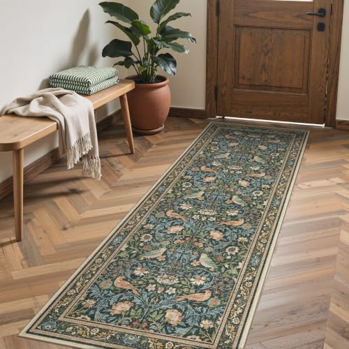 GENIMO 2X8 Blue Green Runner Rug for Hallway, Washable Non Slip | Blue Green Boho Bird Runner for Kitchen and Entryway, Soft Low Pile Polyester Rug, Easy Care, Non-Shedding - color: Blue Green, size: 2' x 8' (Rectangular)