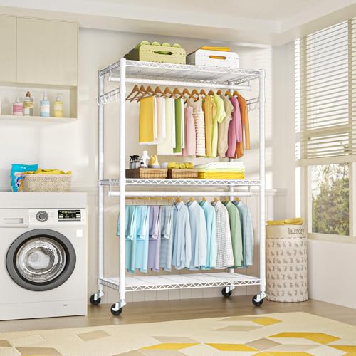 P1 Plus Rolling Clothes Rack, 22mm Diameter Heavy Duty Garment Rack | Freestanding Clothing Rack with Wheels and Double Rods, Portable Closet Wardrobe System Max Load 524lbs, White - color: White, size: P1 Plus