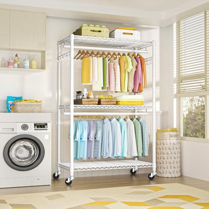 P1 Plus Rolling Clothes Rack, 22mm Diameter Heavy Duty Garment Rack | Freestanding Clothing Rack with Wheels and Double Rods, Portable Closet Wardrobe System Max Load 524lbs, White - color: White, size: P1 Plus