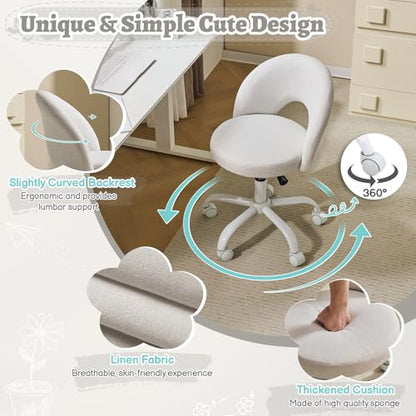 VINGLI Small Vanity Chair with Wheels for Girls.Cute Modern Adjustable Height Armless Office Desk Chair.360°Swivel Comfy Rolling Chair for Study, Make up Room,Small Space,Linen Light Gray - color: Linen Light Gray