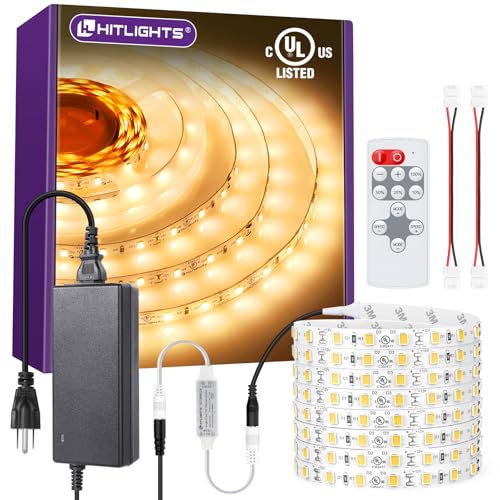 HitLights Warm White LED Strip Lights Kit 3000K, 16.4FT 12V, UL Listed | 600 LEDs, 300Lm/ft, CRI90+, High Density Dimmable Tape Lighting Included RF Remote, Power Supply for Bedroom Under Cabinet - color: Warm White 3000K, size: 3000K - 600 Leds - Kit