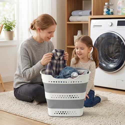 2 Pcs 42L Collapsible Laundry Baskets- Foldable Laundry Basket with Handles, Sturdy Plastic Pop Up Laundry Hamper, Space Saving Storage Container for Wet/Dry Use, Ideal for Home, Dorm, Apartment Grey - style: 42L-2grey