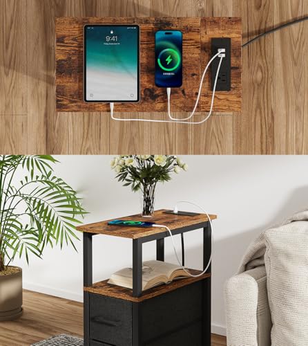 2 Set Narrow Side Table for Small Spaces, Skinny End Table with Charging Station, Sofa Beside Table with 2 Drawers 1 Open Compartment, Slim Nightstand with USB Ports Outlet, Rustic and Brown UTBT004F2 - color: Rustic Brown