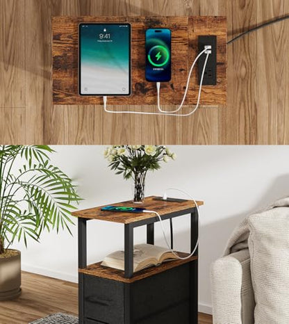 2 Set Narrow Side Table for Small Spaces, Skinny End Table with Charging Station, Sofa Beside Table with 2 Drawers 1 Open Compartment, Slim Nightstand with USB Ports Outlet, Rustic and Brown UTBT004F2 - color: Rustic Brown