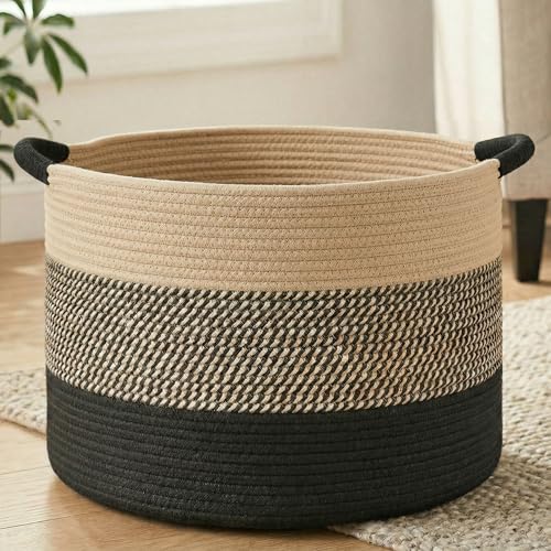 Artfeel 100L Large Cotton Rope Basket, Decorative Woven Blanket Storage for Living Room, Boho Toy Storage & Toy Box for Kids, Versatile Laundry Basket & Nursery Hamper for Blankets(BlackBrown) - color: BlackBrown, size: 100l