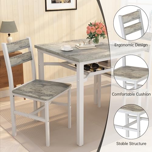 Hooseng 3 Piece Dining Table Set for 2, Small Wooden Kitchen Table with Storage, Farmhouse Square Dinette Set for Dining Room, Breakfast Nook, Apartment, Small Space - color: Grey