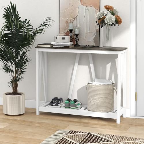 Entryway Table, 39" Farmhouse Console Table with Shelf Narrow Foyer Table | | 2-Tier Open Shelf,V-Shape Anti-Tip Legs,Slim Narrow Design,30-Min Easy Assembly,Sofa Table Use,Two-Tone Finish,Dark Oak - color: Dark Oak