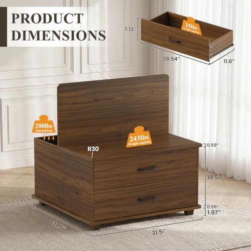 MALOL Square Storage Coffee Table with 2 Drawers, Hidden Storage Beneath Flip-Top Lid, Modern Fluted Wood Coffee Table with Solid Wood Legs for Living Room, Walnut - color: Walnut