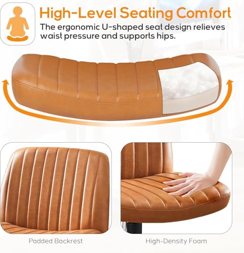 DUMOS Criss Cross Chair No Wheel Legged Office Wide Comfy Desk Vanity Chair, Armless Computer Task Seating PU Leather, Swivel Home Height Adjustable for Bedroom, Study, Brown No Wheel - color: Brown No Wheel