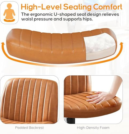 DUMOS Criss Cross Chair No Wheel Legged Office Wide Comfy Desk Vanity Chair, Armless Computer Task Seating PU Leather, Swivel Home Height Adjustable for Bedroom, Study, Brown No Wheel - color: Brown No Wheel