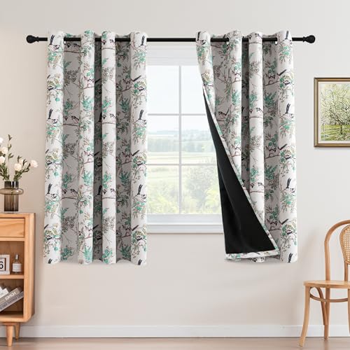 H.VERSAILTEX 꽃무늬 100% 암막 빈티지 커튼 160cm(63인치) 길이 2패널 패턴 단열 커튼 침실 거실 그로밋 창문 커튼 드레이프, 터키석/블랙 - color: 터키석/블랙., size: 52"W x 63"L (Pack of 2)