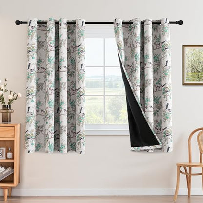 H.VERSAILTEX 꽃무늬 100% 암막 빈티지 커튼 160cm(63인치) 길이 2패널 패턴 단열 커튼 침실 거실 그로밋 창문 커튼 드레이프, 터키석/블랙 - color: 터키석/블랙., size: 52"W x 63"L (Pack of 2)