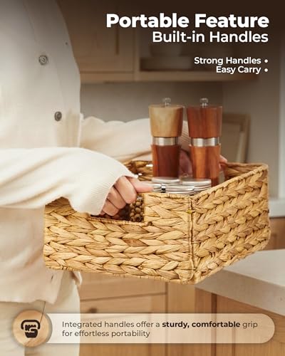 Bluewest Water Hyacinth Storage Baskets, Set of 6, Woven Bins with Handles | Organizer and Laundry Basket with Carrying Handles, Designed as a Rattan Bin for Shelves, Closets and Household Essentials. - color: Natural