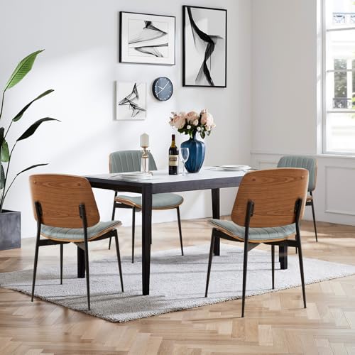 LUNLING Dining Chairs Set of 4 Mid Century Modern Retro Faux Leather Chair with Walnut Bentwood Upholstered Seat Metal Legs Chairs,Adjustable Foot for Kitchen Dining Room Chairs(Blue) - color: Blue, size: Set of 4