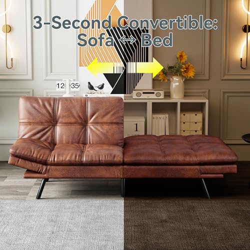 Futon Sofa Bed Convertible Couch, Brown Faux Leather Sofa Bed | Adjustable Backrest & Armrests, Multifunctional Small Loveseat Sleeper Sofa for Living Room, Apartment, Office, Foam Couch - color: A4 | Brown