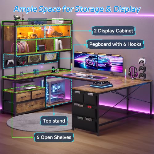 busyeah U-Shaped Gaming Desk with Storage Shelves & 3 Drawers, Rustic Brown | Reversible Computer Desk with LED Lights & Charging Station, Gaming Desk with Hutch and Pegboard for Home Office, Gamers - color: Rustic Brown