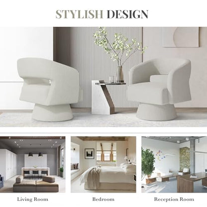 Swivel Barrel Accent Chair,Oversized Teddy Upholstered Round Swivel Chair,Modern Luxury 360 Degree Living Room Vanity Chair for Bedroom Office,White - color: White-teddy Fabric, size: Set of 2