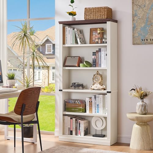 RWYHG 70" White Tall Book Shelf, 5 Tier Wooden Farmhouse Bookcase | Adjustable Shelves Book Case, Open Display Storage, Wood Veneer Bookshelves, Thick Sturdy Base, for Living Room,Office - color: White, size: 5-Tier