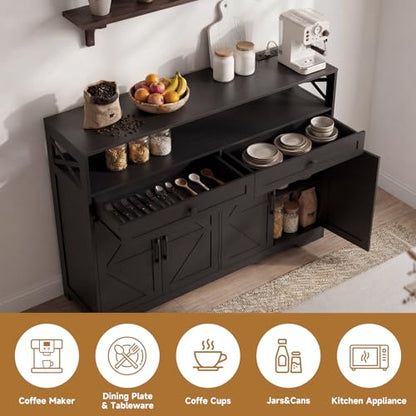 Lahomie 47" Sideboard Buffet Storage Cabinet, Coffee Bar Cabinet,Dark Brown | Coffee Bar Station with Power Outlet, Farmhouse Sideboard with 2 Drawers Adjustable Shelves Open Shelf, Kitchen, Living Room - color: Dark Brown, size: 47"W