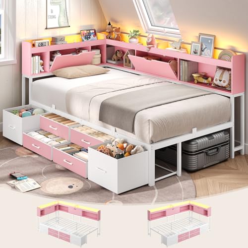 AOGLLATI Twin Corner Bed Frame with Bookcase and Hidden Storage & Metal Platform Twin Size Daybed with 6 Drawers,Charging Station, Led Lights- for Kids, Teens, Pink - color: Pink, size: Twin