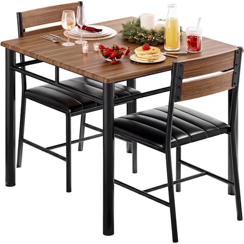 IRONCK Dining Table Set for 2, Walnut | Small Kitchen Table with Upholstered Chairs, Compact Dining Set for Small Spaces, Kitchen & Dining Room - color: Walnut