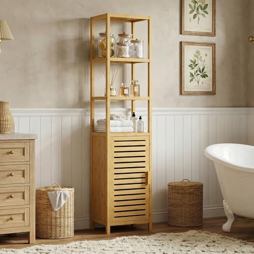 HITNET Bathroom Floor Cabinet, 6 Tier Tall Thin Linen Tower Storage Cabinet Free Standing Bamboo, Kitchen Side Organizer with 3 Shelves and Cupboard, Natural - color: Natural
