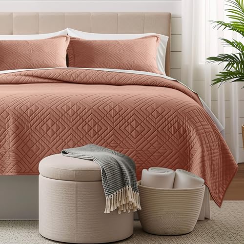 Clara Clark Quilts Twin Size - All Season Bedspread Coverlet Set, Pinsonic Weave Lightweight Bedding Set - 5 Piece Twin Quilt Set with Pillow Shams, Bali Blush - Twin Diamond - color: 30 – Bali Blush – Diamond, size: Twin