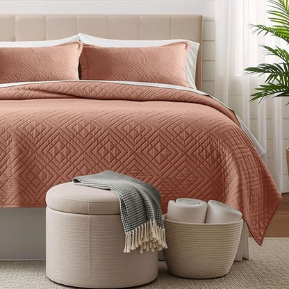 Clara Clark Quilts Twin Size - All Season Bedspread Coverlet Set, Pinsonic Weave Lightweight Bedding Set - 5 Piece Twin Quilt Set with Pillow Shams, Bali Blush - Twin Diamond - color: 30 – Bali Blush – Diamond, size: Twin