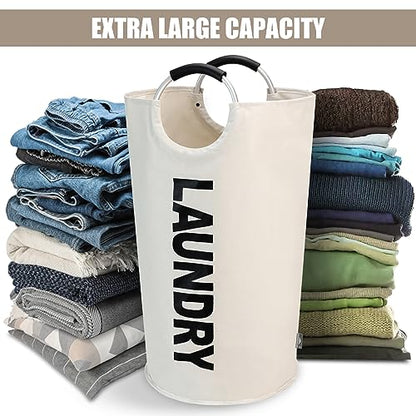 DOKEHOM 125L X-Large Laundry Basket Bag, Collapsible Tall Hamper, Beige | Freestanding tall washing bin & foldable laundry bag. Extra large clothes storage basket with durable sturdy handles - color: Beige, size: 125L