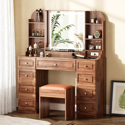 Arulvmrn 43" Makeup Vanity Desk with Mirror and Lights, & Power Outl, Glass Top Big Vanity Table with 9 Drawers& 8 Storage Shelves, Dressing Table Set with Chair for Bedroom, Walnut - color: Walnut