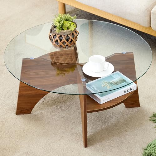 31.5" Round Glass Coffee Table with Tempered Glass Top and MDF Base, Diagonal Fan-Shaped Tray Design Table Leg Simple & Modern Center Table for Living Room Office Apartment Walnut - color: D-5, size: Round