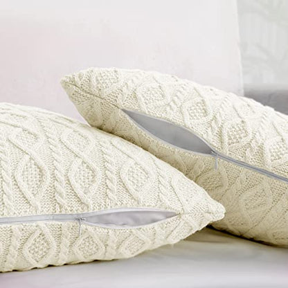 Homiest Cream White Cable Knit Throw Blanket Set of 3, with 2 Pillow Covers | Pure Acrylic, Lightweight & Breathable, All-Season Use, Machine Washable, Wrinkle & Fade Resistant, for Couch Bed And Sofa - color: Cream White, size: 50 x 60 Inch Blanket & 18