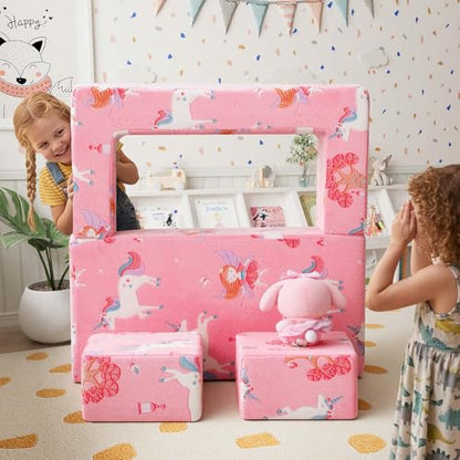 MeMoreCool Glow Fairy Kids Couch, Modular Fold Out Play Sofa, Pink | Glow fairy kids couch in pink - color: Pink Fairy