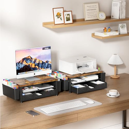 LEKETREE Wood Desk Organizer, 2-Tier Computer Monitor Stand Riser with Storage Drawer and 2 Pen Holders, Laptop & Printer Stand, Shelf for Top of Desk (Rustic Brown)