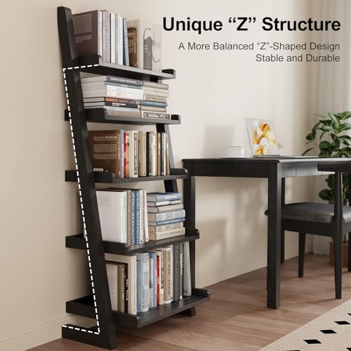 AQIMUELE Black Wooden Ladder Shelf with Edges, 5-Tier Modern Leaning Bookshelf Ladder – Stylish Space-Saving Bookcase for Living Room, Bedroom & Home Office - color: Black