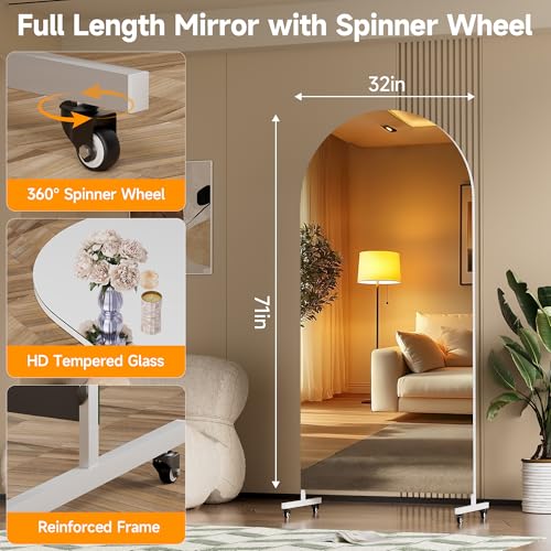 Hasipu 71" x 32" Arched Full Length Mirror on Wheels | HD tempered glass, sturdy aluminum frame, 4 smooth casters with locks, ideal for yoga, dance studio, bedroom & home gym. - size: 70.87"L x 31.5"W