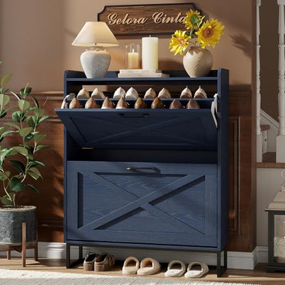 Maupvit Shoe Storage Cabinet with 2 Flip Drawers, Freestanding Shoe Organizer with Metal Legs for Entryway, Narrow Shoe Rack Cabinet, Blue - color: Blue, style: 2-Drawers