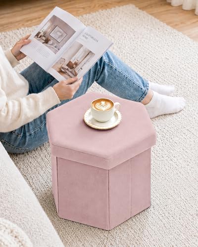 B FSOBEIIALEO Storage Ottoman Cube Hexagonal Pouf Ottomans, Foot Rest Seat for Sofa Footrest Entryway Shoe Footstool for Living Room/Bedroom/Entrway Velvet Pink 16.93"x15"x15" - color: Pink