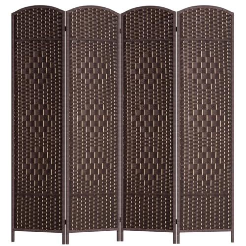 FDW | 4-Panel Folding Room Divider | 6ft, Brown | Hand Woven Mesh | Portable & Foldable Wooden Divider | Easy to Move Privacy Screen | For Space Separation, Living Room, Bedroom, Office - color: Brown, size: 4 Panel