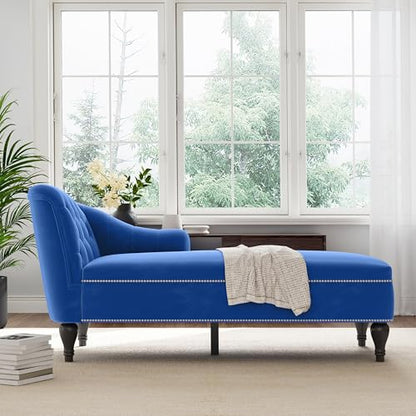 JIVOIT Velvet Upholstered Sofa Chaise Loungers, 58" Chaise Lounge with Nailhead Trim and Solid Wood Legs, Button Tufted Right Arm Facing Lounge Chair for Living Room, Sleeper Lounge Sofa - color: Blue-velvet