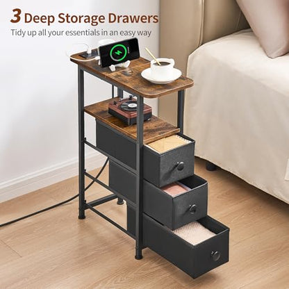 Narrow End Table with Charging Station, Narrow Side Table with Drawer, Small Nightstand with LED Light, Skinny Nightstand, Small Bedside Table for Living Room, Bedroom, Couch, Rustic Brown - color: Rustic Brown, size: 7.9" W x 18.9" D, style: Power + Ligh
